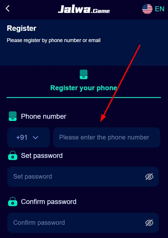 fill in your mobile number in Jalwa Game App